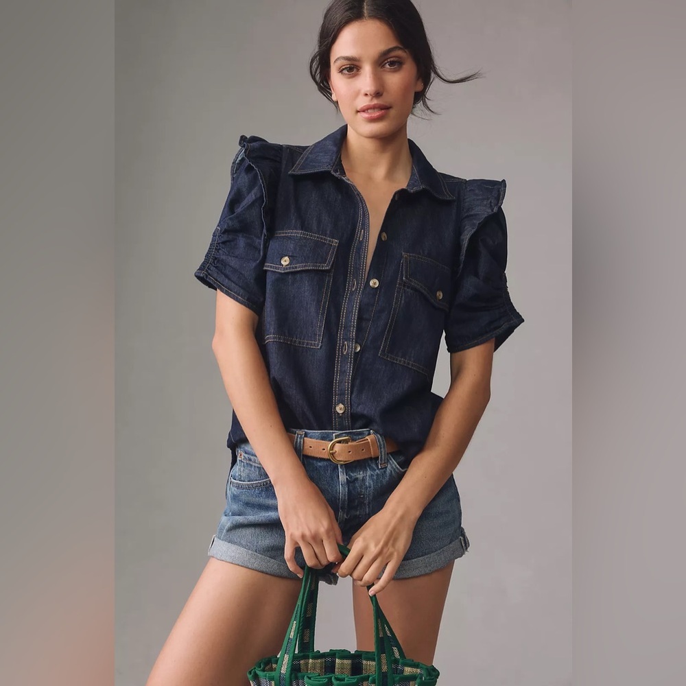Pilcro Ozzi Ruffle Short Sleeve Button Down Indigo Deep Blue Denim Top‎ Size XXS